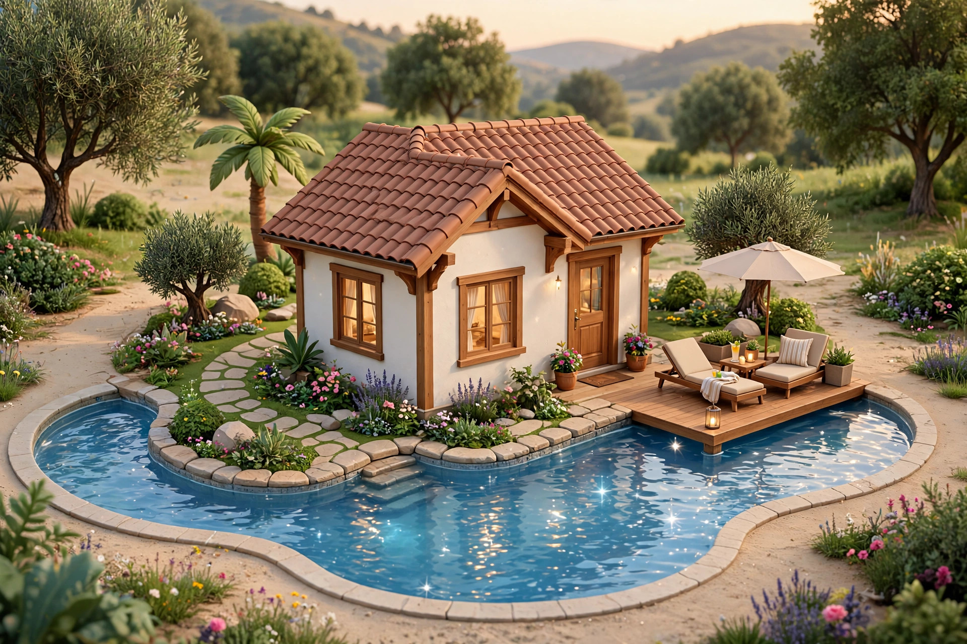 A realistic finished tiny house with a swimming pool and landscaped yard